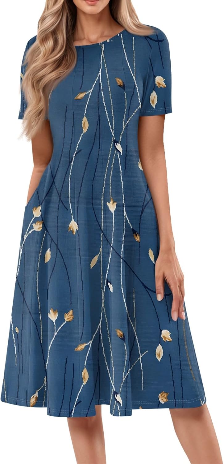 Summer Dresses for Women 2025 Crew Neck Short Sleeve Boho Beach Vacation Floral/Solid Midi Sundresses with Pockets