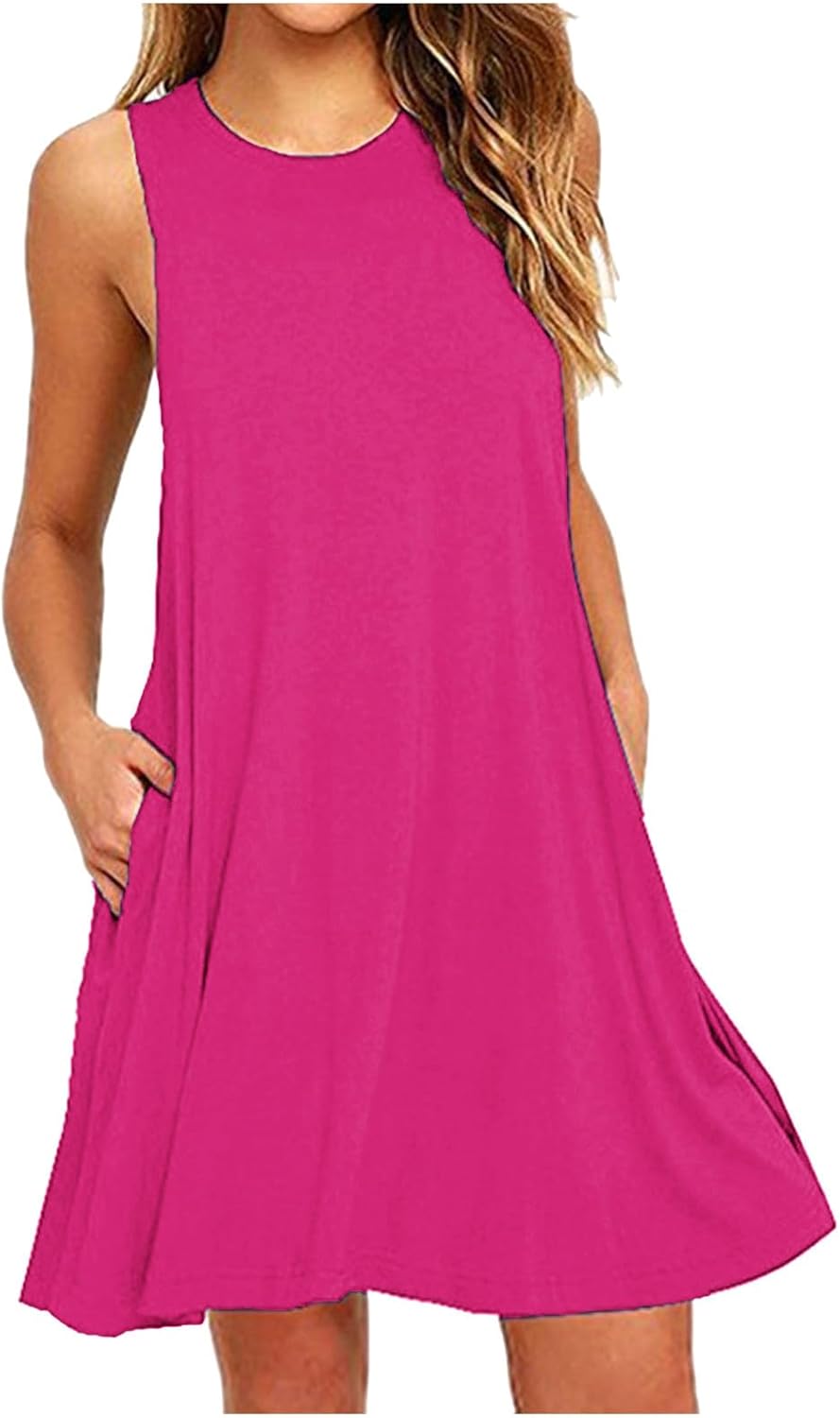 Womens 2025 Boho Beach Dresses Flowy Sleeveless Midi Wedding Dress Cute Crew Neck Summer Tank Sundress with Pockets