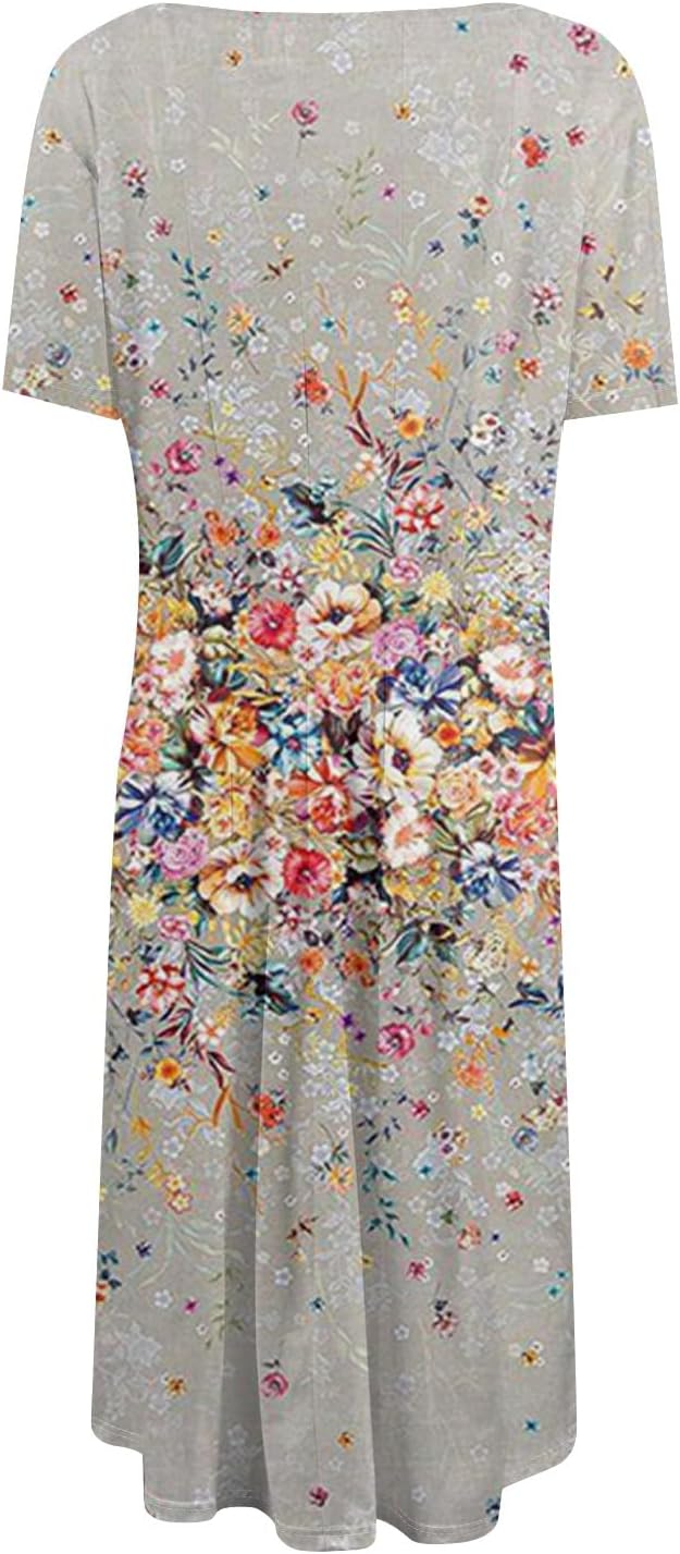 Summer Dresses for Women 2025 Crew Neck Short Sleeve Boho Beach Vacation Floral/Solid Midi Sundresses with Pockets