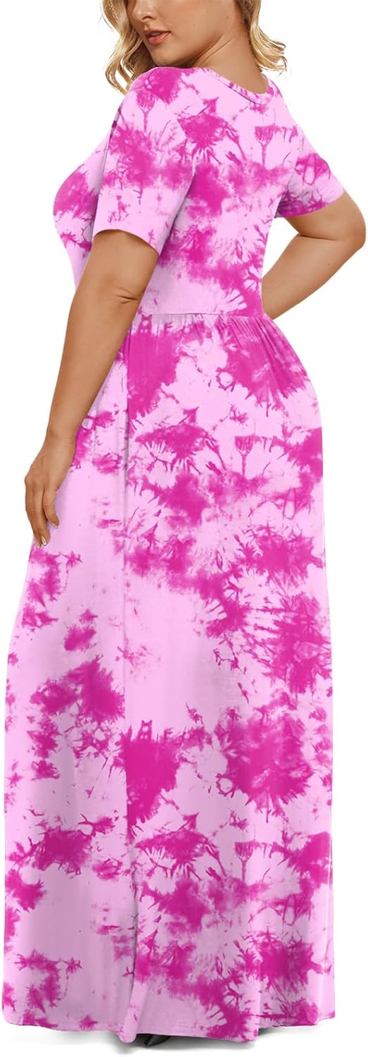 LONGYUAN Women's Plus Size Maxi Dresses for Curvy Women Summer Short Sleeve Casual 2025 Long Dress XL-6XL
