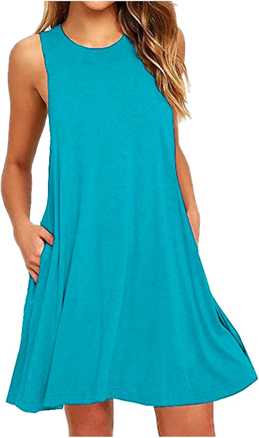Womens 2025 Boho Beach Dresses Flowy Sleeveless Midi Wedding Dress Cute Crew Neck Summer Tank Sundress with Pockets