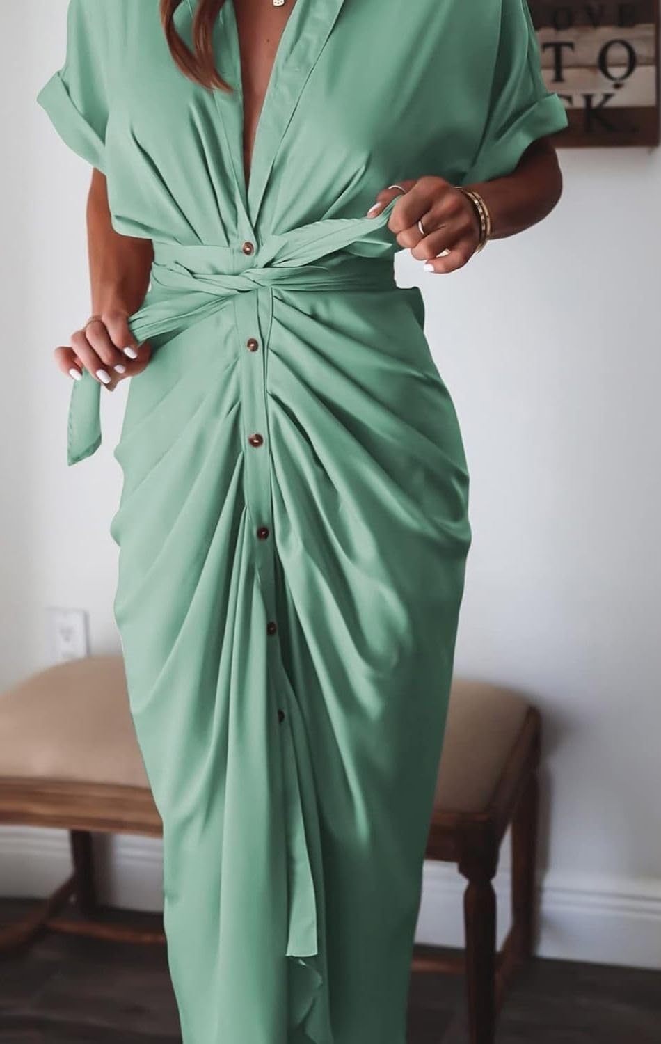 Women's Swing Classic Cute Maxi Ruched Breathable Shirt Dresses Bownot Slim Fitted Dress