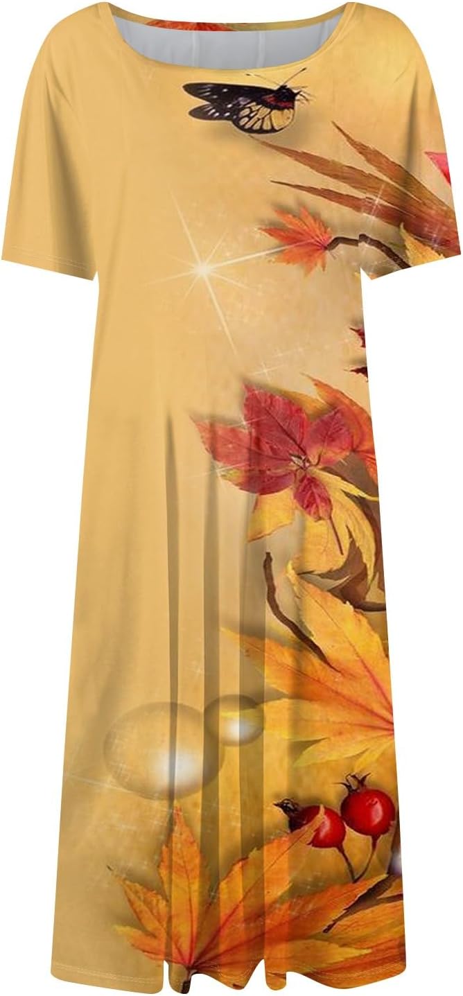 Summer Dresses for Women 2025 Crew Neck Short Sleeve Boho Beach Vacation Floral/Solid Midi Sundresses with Pockets