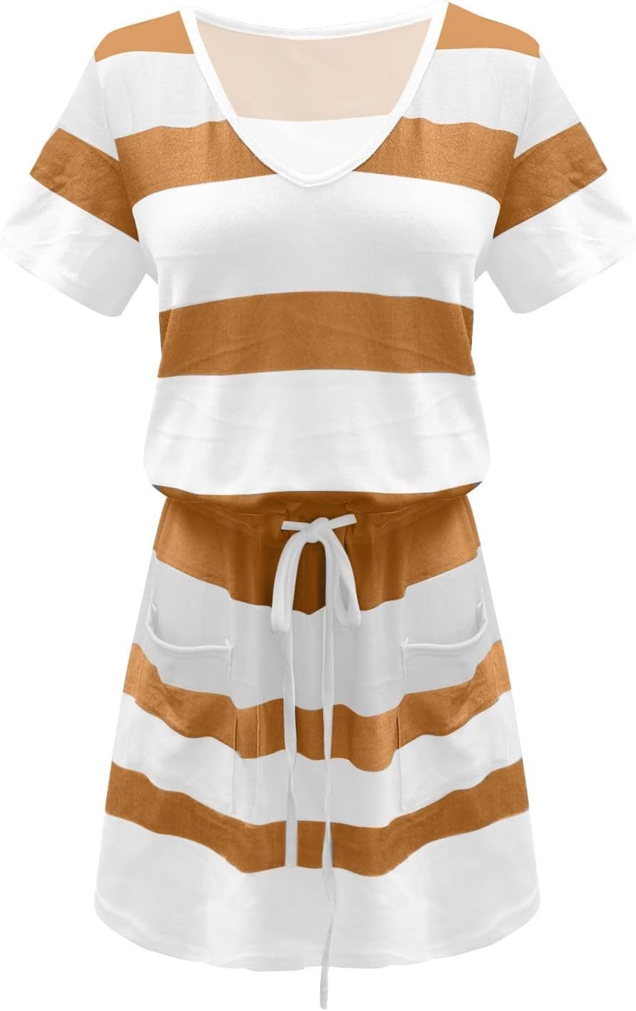 Women Summer Casual Striped Dress Drawstring Waist Tie Knot Mini Dresses Short Sleeve V Neck Tank Dress with Pocket
