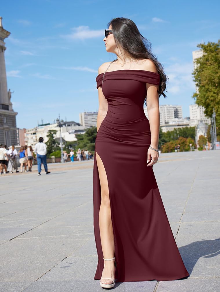 LAGSHIAN Women's Elegant Bodycon Off Shoulder Sleeveless High Split Ruched Long Formal Evening Dress