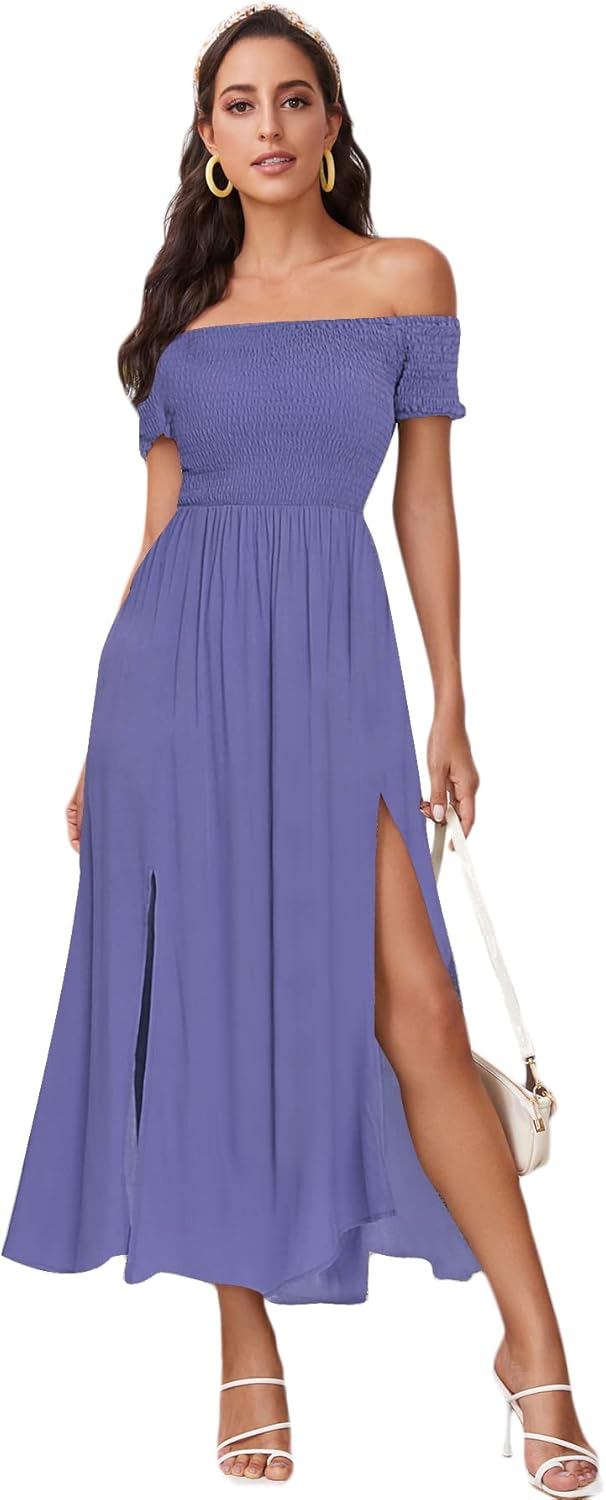 Floerns Women's Boho Floral Print Off Shoulder Split Long A Line Dress