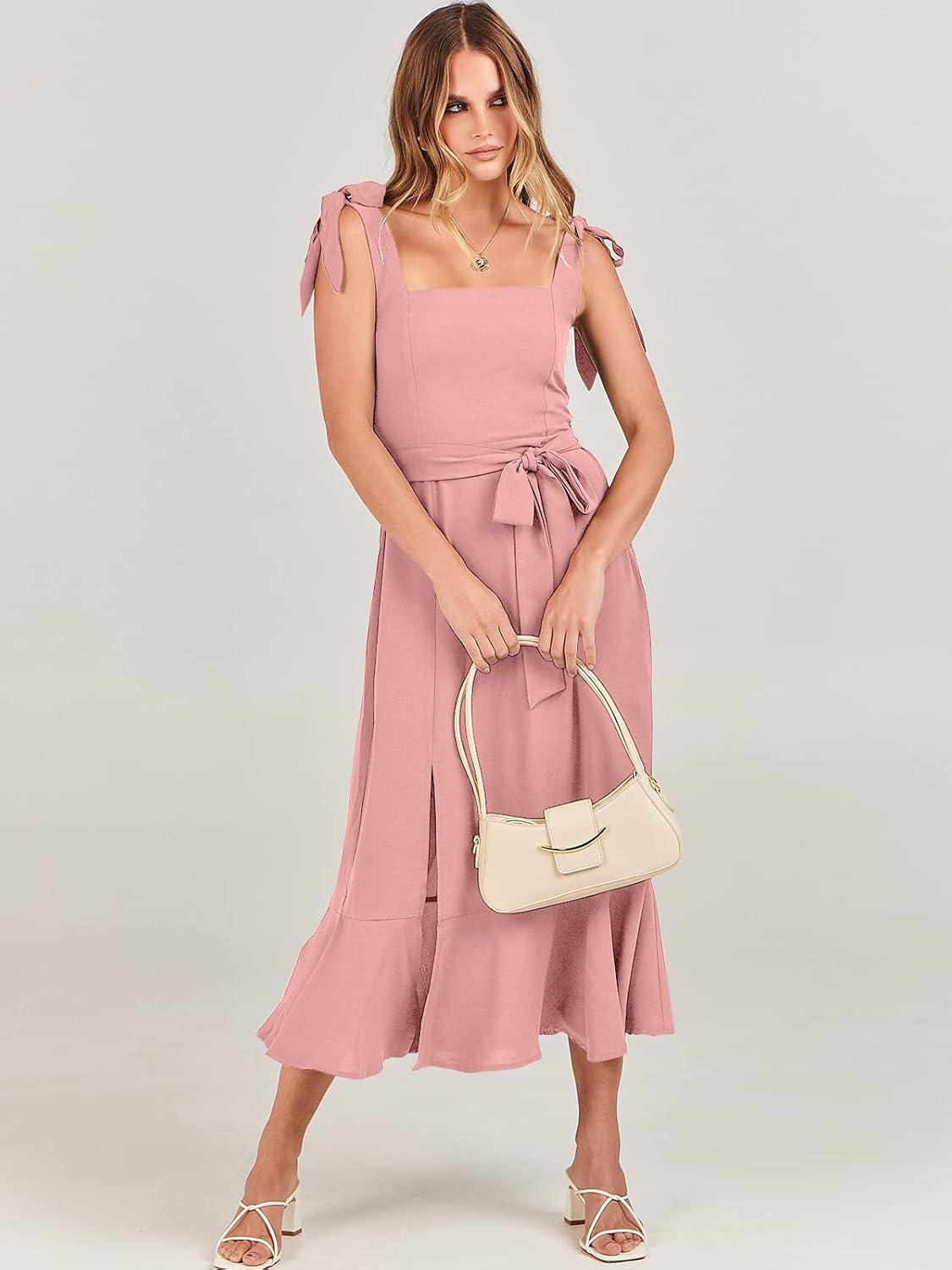 ANRABESS Women's Square Neck Ruffle Split Midi Elegant Formal Wedding Guest Cocktail Bridesmaid Graduation Party Dresses