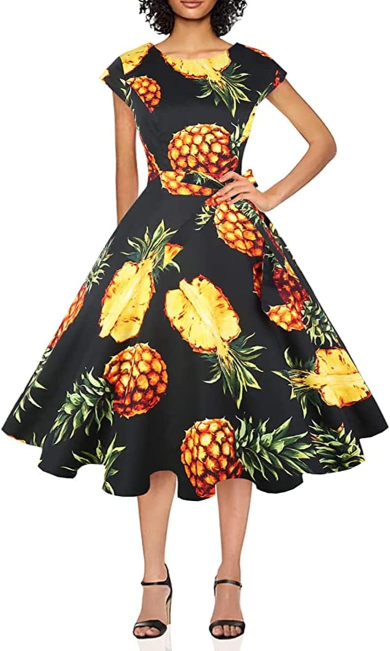 PUKAVT Women's 1950 Boatneck Cap Sleeve Vintage Swing Cocktail Party Dress with Pockets