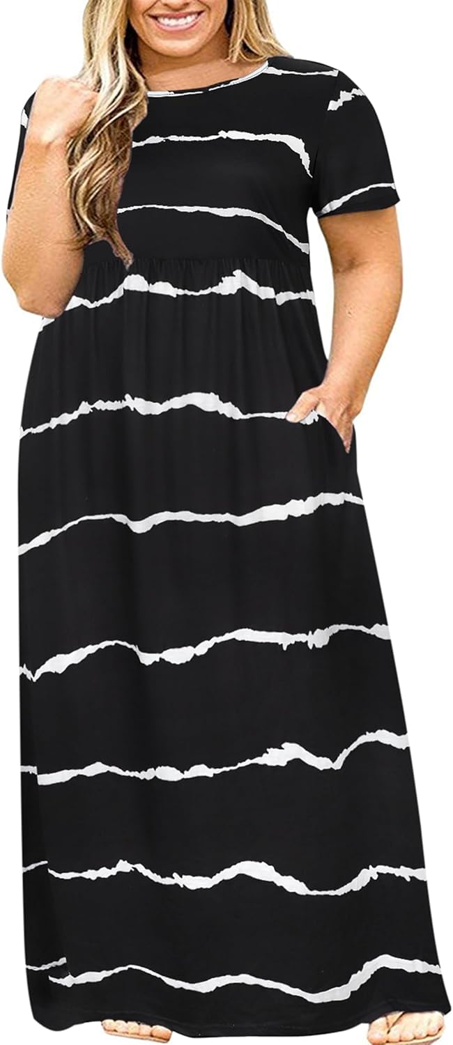 Kancystore Women's Short Sleeve Plus Size Maxi Dress with Pockets Loose Casual Summer Dresses