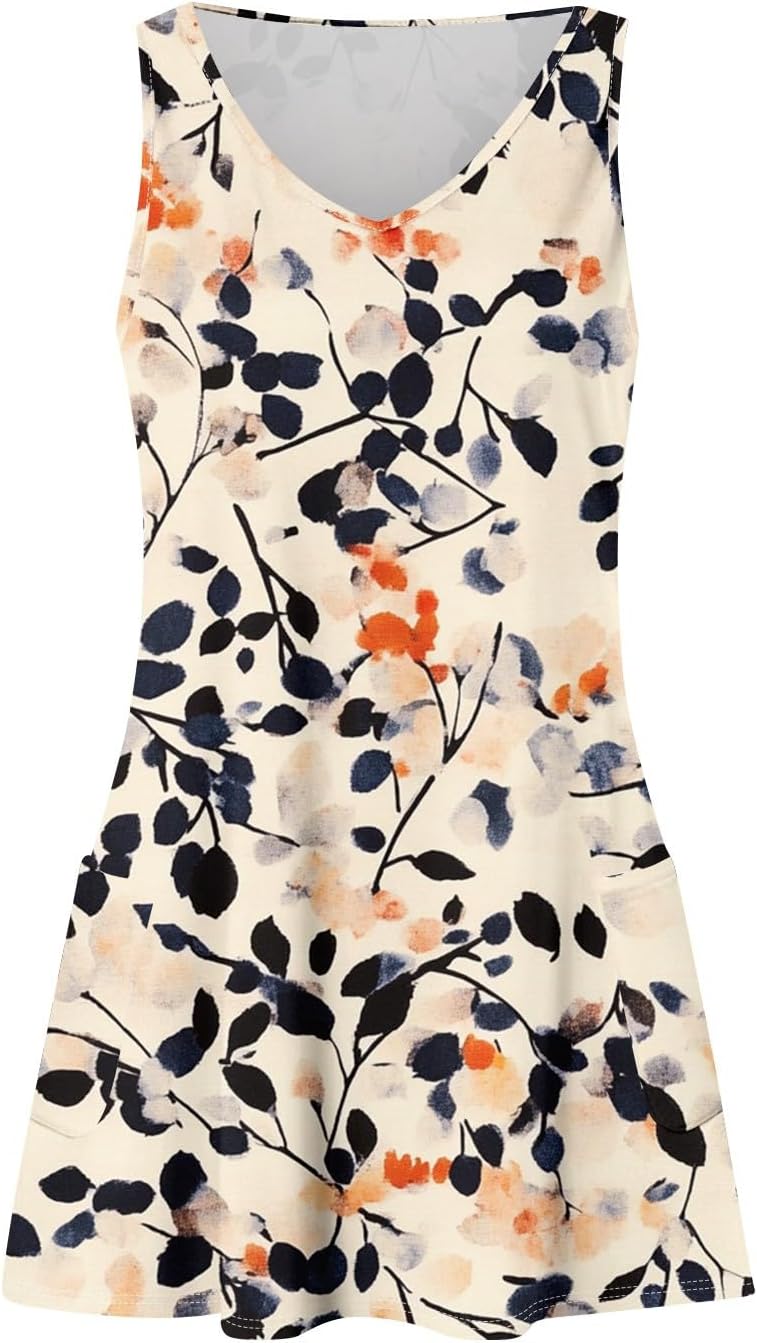 Women's Sleeveless Floral Print Summer Dress Casual V-Neck A-Line Mini Dress for Beach Party and Daily Wear