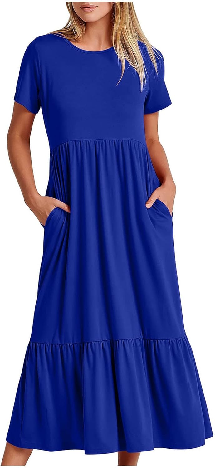 XUNRYAN Summer Dresses for Women 2024 Casual Calf Length Maxi Dress Pleated Flowy Tiered Swing Beach Sundress with Pockets