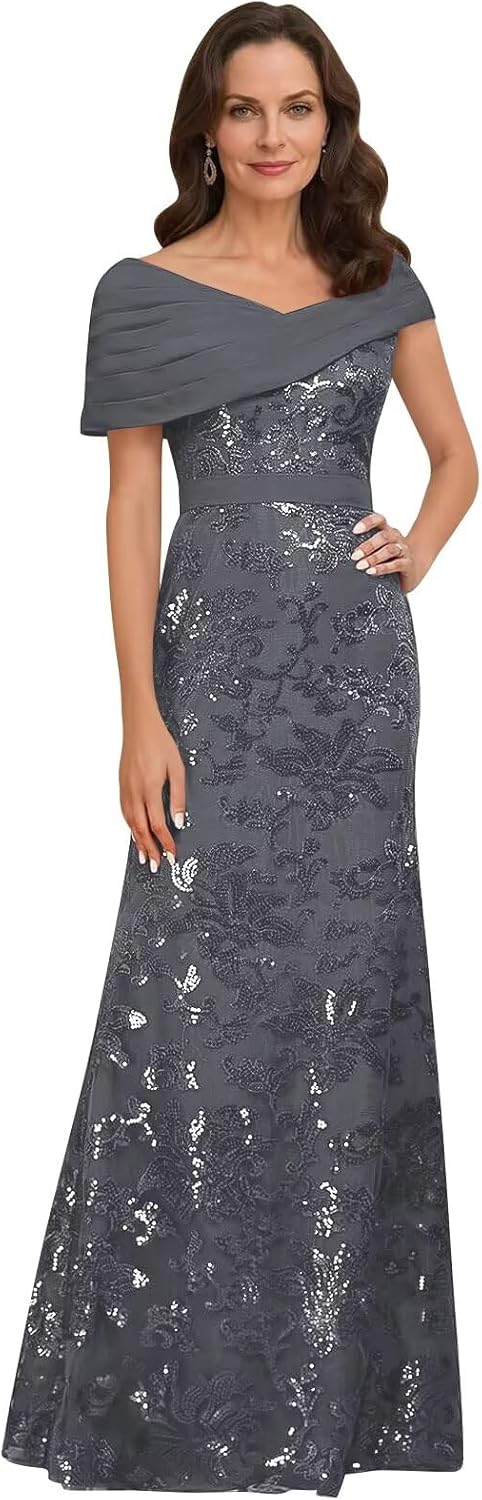 Lace Sequin Mother of The Bride Dresses for Women Long Mermaid Off The Shoulder Formal Evening Dress with Sleeves