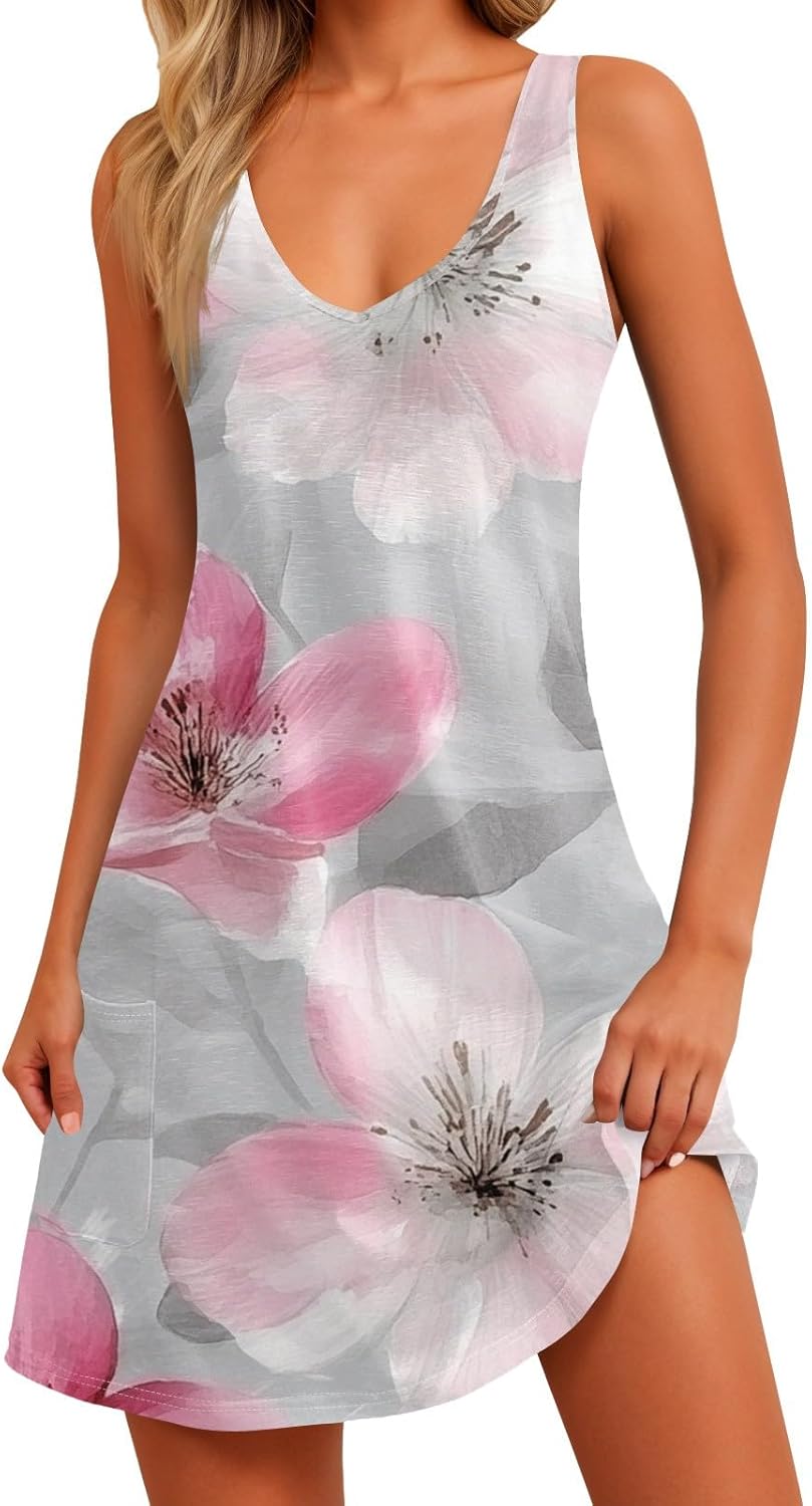NBXNZWF Women Summer Casual Dress 2025 Casual Loose Sleeveless V-Neck Sundresses A Line Tshirt Beach Dresses with Pockets