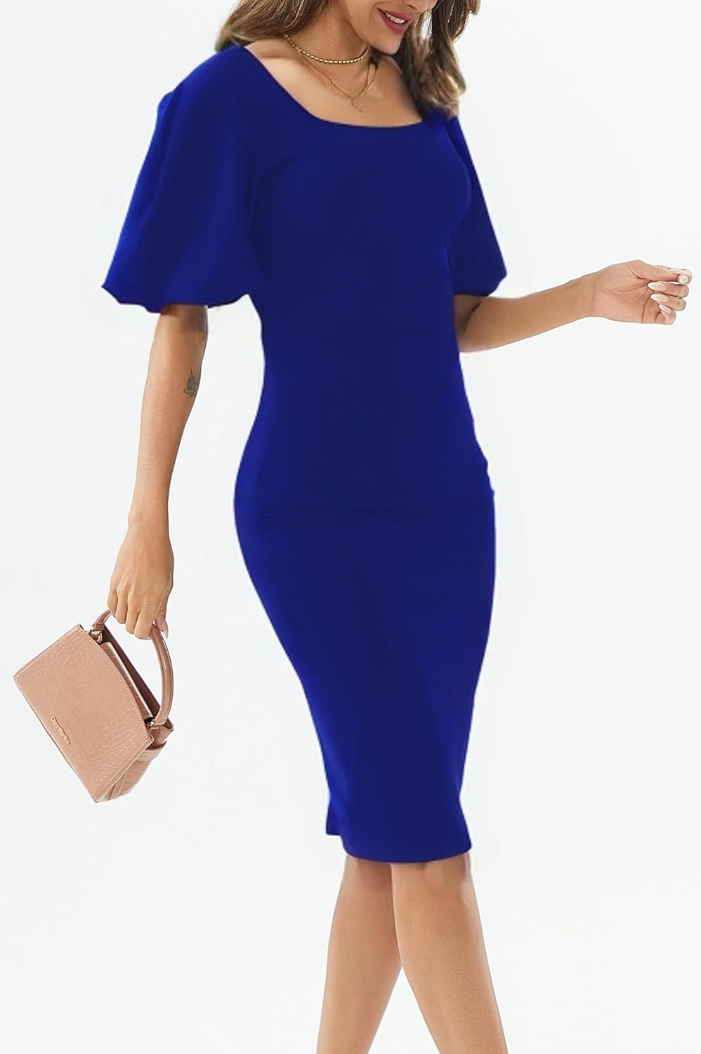 Womens Summer Dresses Square Neck Lantern Sleeve Bodycon Pencil Midi Dress