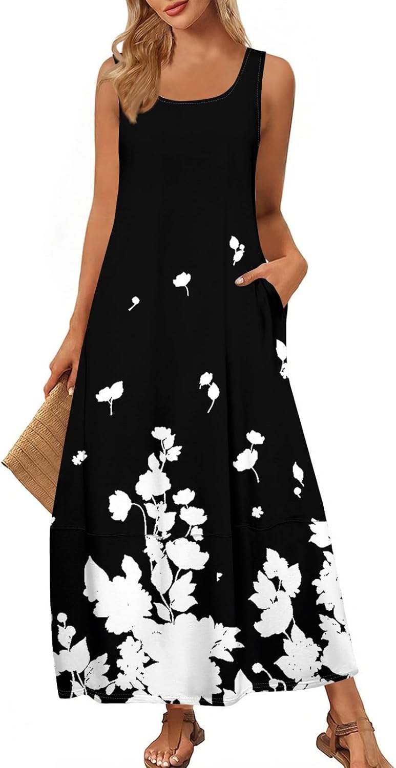 Womens Summer Tank Dress Vacation Boho Floral Long Dresses with Pockets Resort Wear Swing Beach Sleeveless Sundress