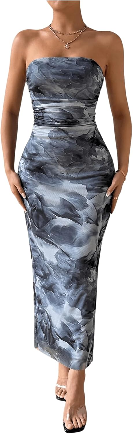 Milumia Women's Printed Strapless Tube Top Long Dress Slit Hem Sleeveless Bodycon Maxi Dresses