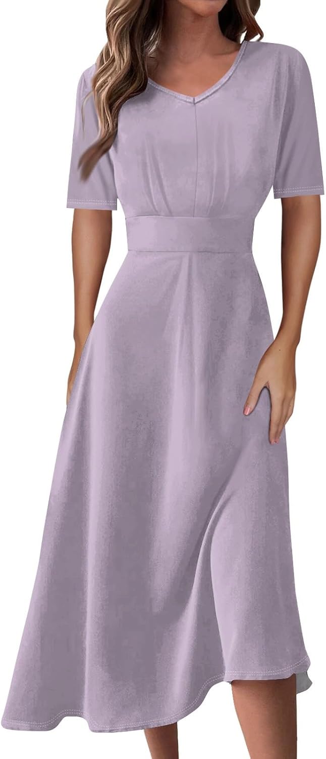 Women's Summer Elegant Cocktail Dress Solid Color Swing V-Neck Party Gown Dresses, S-2XL