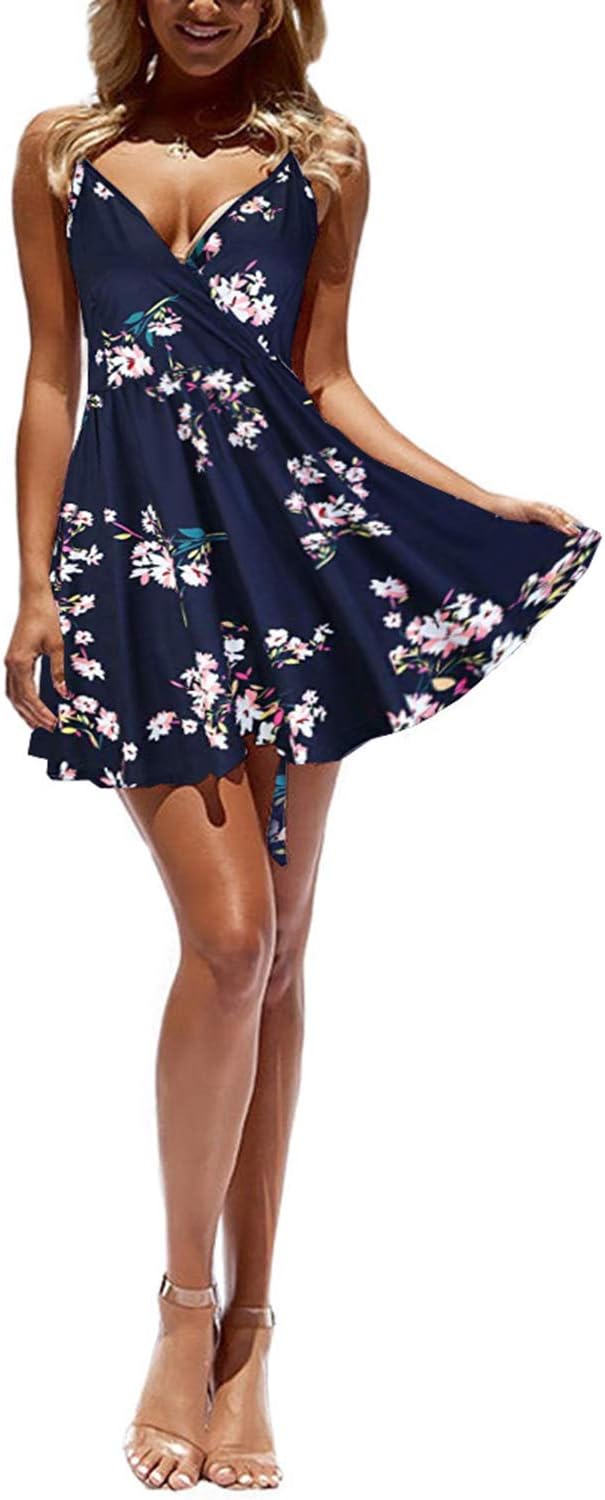 ECOWISH Summer Dresses for Women 2025 V-Neck Spaghetti Strap Bowknot Backless Sleeveless Lace Mini Swing Skater Dress