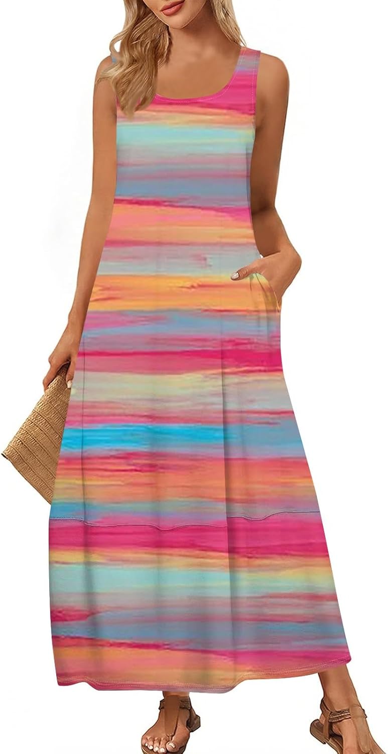Womens Summer Tank Dress Vacation Boho Floral Long Dresses with Pockets Resort Wear Swing Beach Sleeveless Sundress