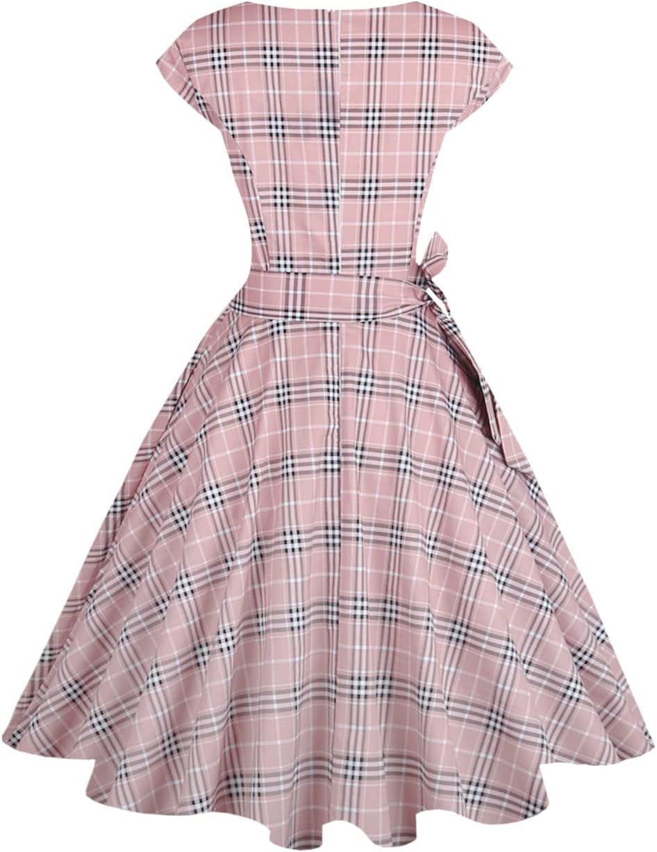 PUKAVT Women's 1950 Boatneck Cap Sleeve Vintage Swing Cocktail Party Dress with Pockets