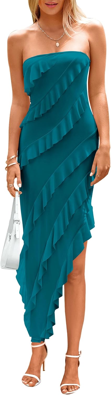 PRETTYGARDEN Womens Summer Maxi Dresses 2025 Strapless Tube Ruffle Asymmetrical Bodycon Party Cocktail Formal Long Dress