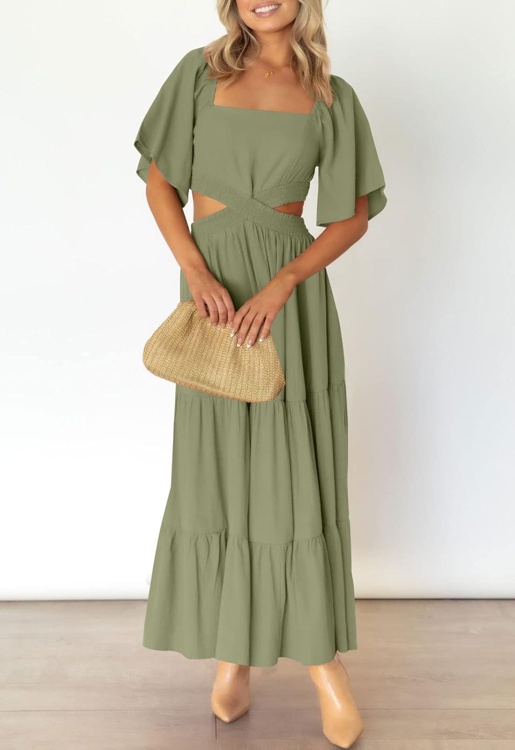 LEANI Women's 2025 Summer Cutout Maxi Dress Square Neck Short Sleeve Crossover Waist Casual Party Dresses