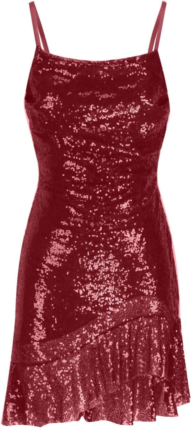 Binmer Women Sparkly Sequin Mini Dress Sexy Glitter Spaghetti Strap Backless Ruffle Hem Cami Short Mini Club Party Dresses