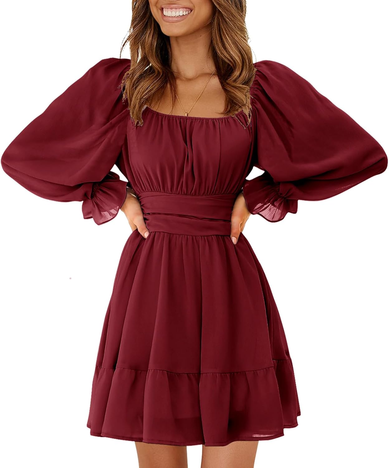 EXLURA Women's 2025 Casual Long Lantern Sleeve Dresses Square Neck Ruffle Tie Back Elastic Waist Aline Short Mini Dress