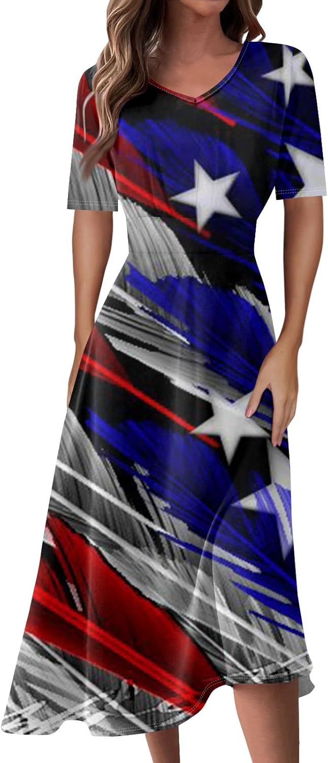 Women's Patriotic Star Print Midi Short Sleeve V-Neck Casual A-Line Dress for Summer Parties & Events