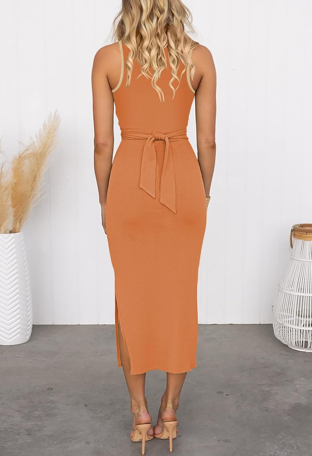 HUUSA Women's Sexy Sleeveless Cut Out Slim Bodycon Dress Crewneck Crisscross Twist Ruched Slit Ribbed Knit Tank Midi Dress