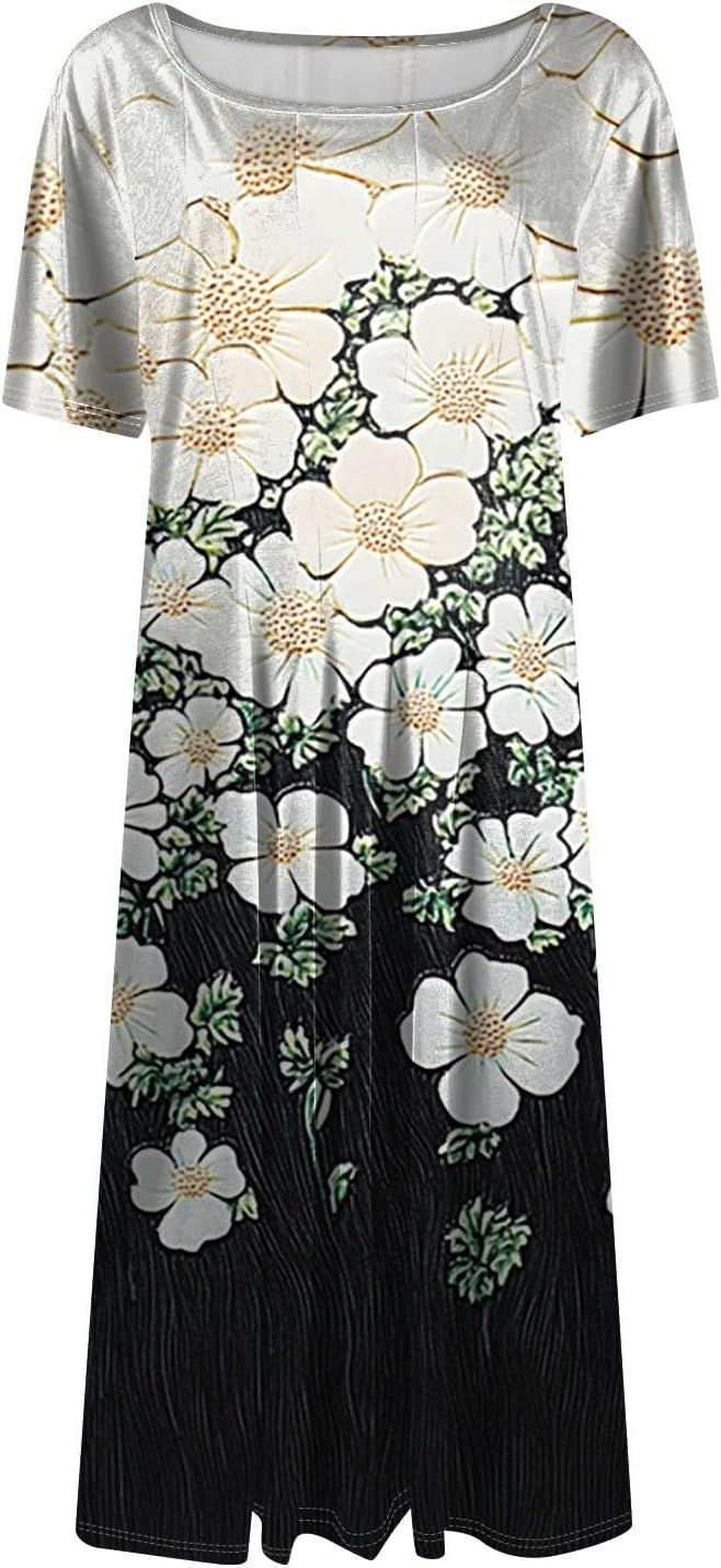 Summer Dresses for Women 2025 Crew Neck Short Sleeve Boho Beach Vacation Floral/Solid Midi Sundresses with Pockets