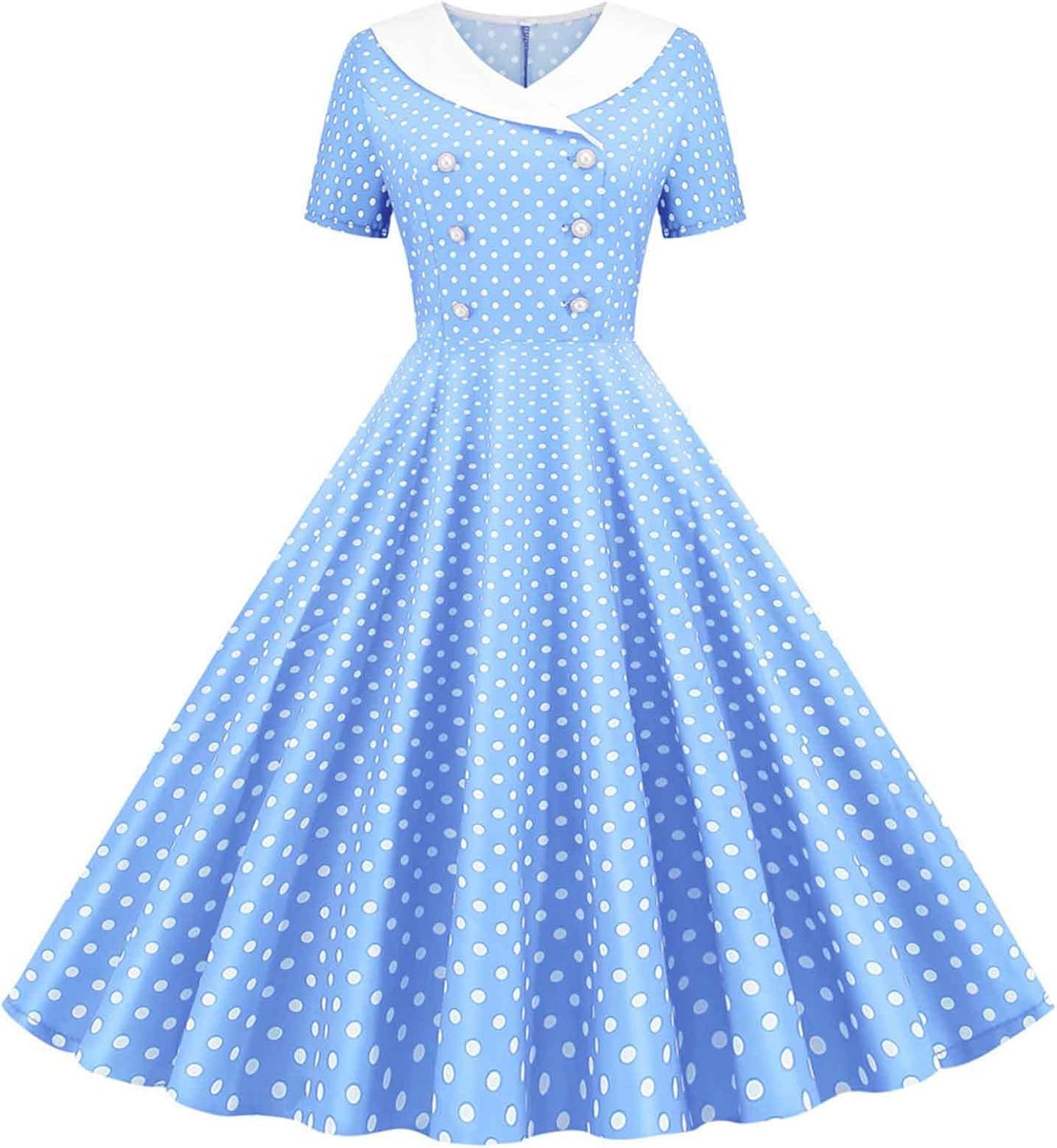 Women Double Breasted Notch Lapel 50s Vintage Short Sleeve Cocktail Swing Dress Polka Dot 1950s Rockabilly Prom Dress