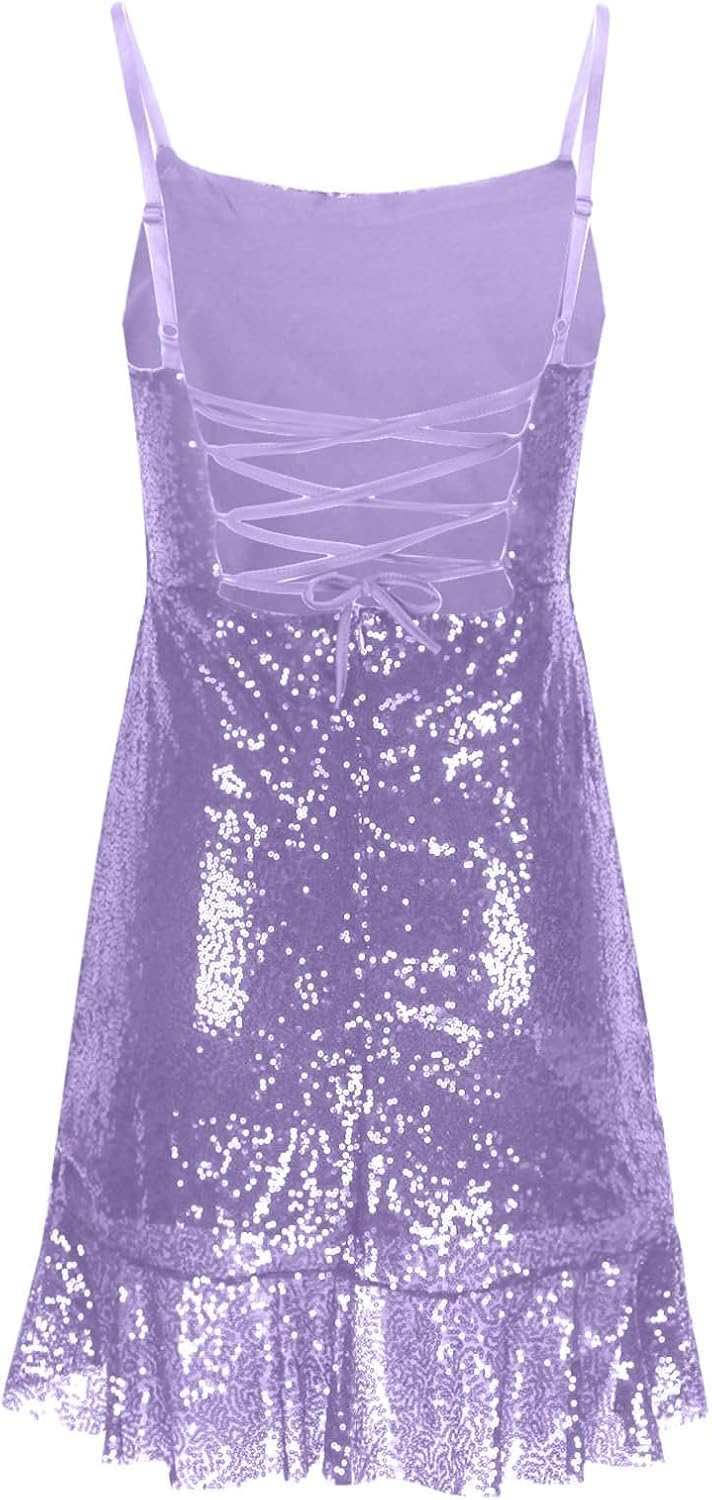 Binmer Women Sparkly Sequin Mini Dress Sexy Glitter Spaghetti Strap Backless Ruffle Hem Cami Short Mini Club Party Dresses