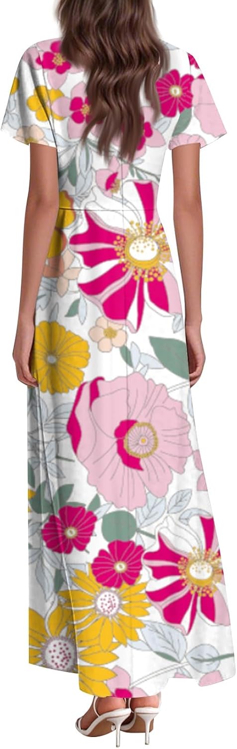 Womens Fashion V Neck Ruffle Short Sleeve Maxi Dress 2025 Summer Elegant Solid Color Flowy A Line Dresses