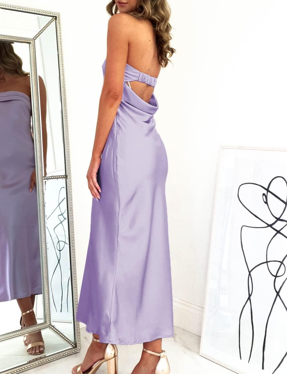 Realtix Satin Silk Backless Tube Tops Maxi Dress for Women Low Back Hollow Out Elegant Strapless Long Dresses Wedding Guest