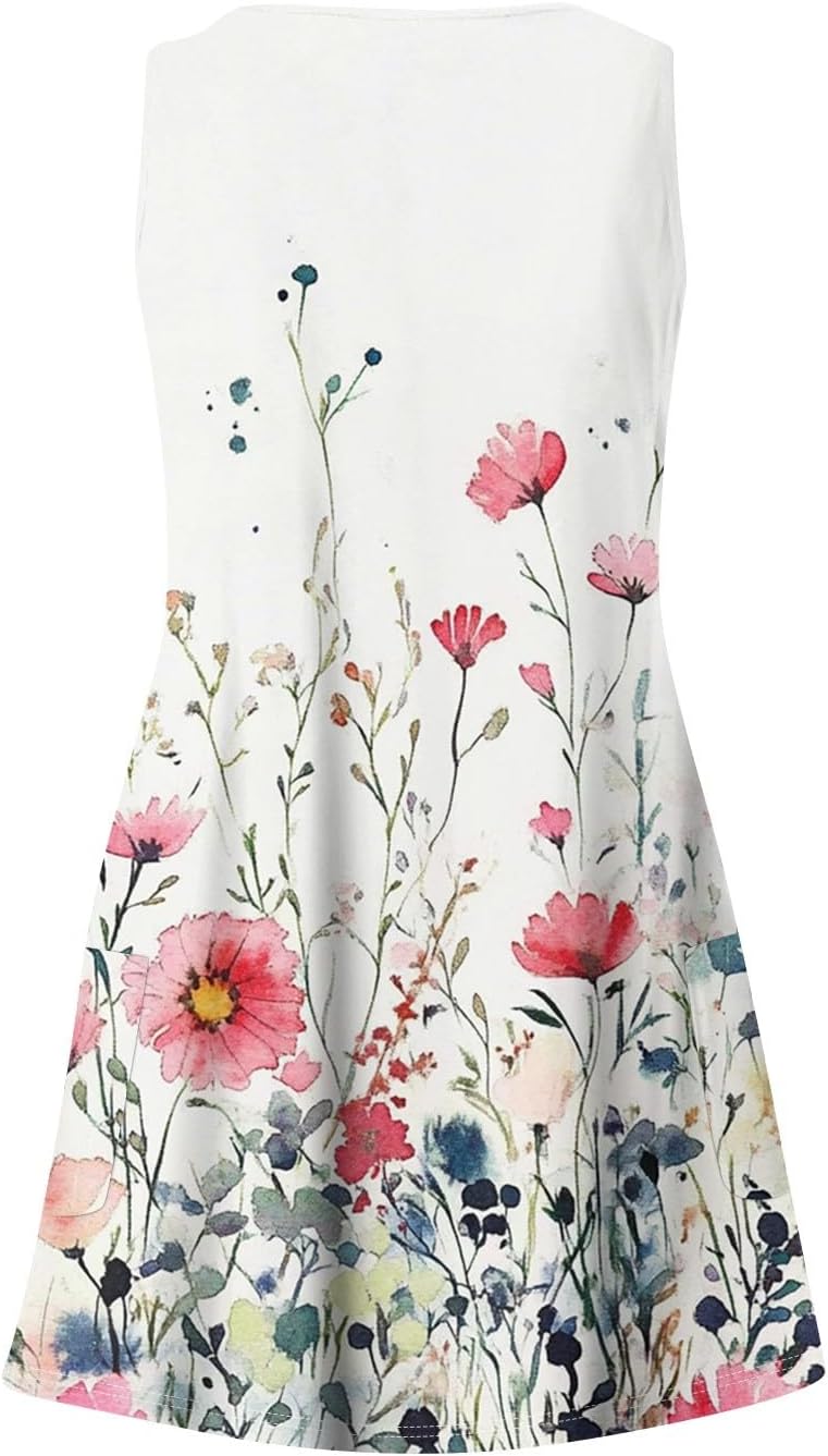 Women's Sleeveless Floral Print Summer Dress Casual V-Neck A-Line Mini Dress for Beach Party and Daily Wear