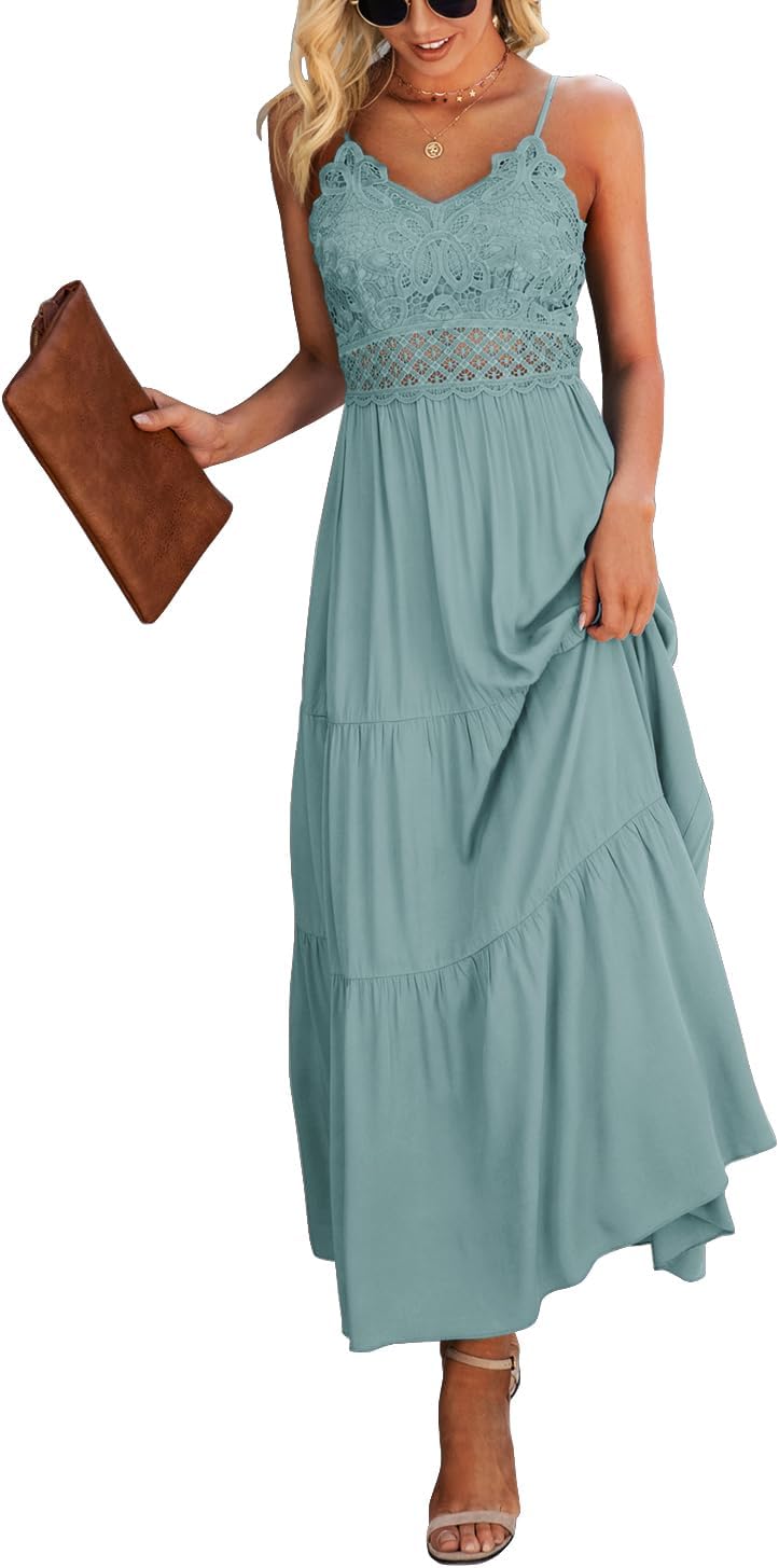 Dokuritu Women's Beach Crochet Lace Maxi Dress Solid Color Summer Vacation Spaghetti Strap Long Dress 2024