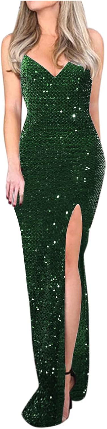 Spaghetti Straps Sequin Prom Dresses Long Mermaid Glitter Backless Evening Party Gowns Slit Wedding Guests Dresses