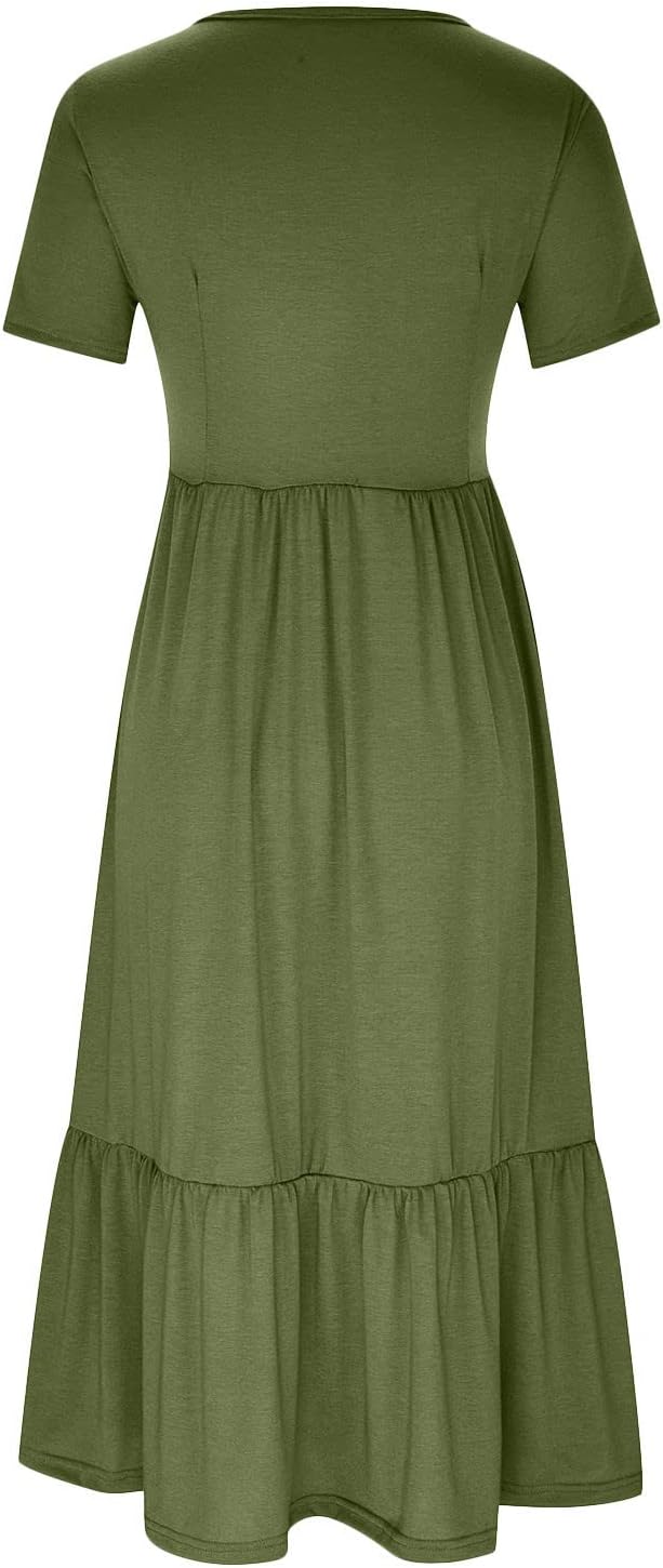 XUNRYAN Summer Dresses for Women 2024 Casual Calf Length Maxi Dress Pleated Flowy Tiered Swing Beach Sundress with Pockets