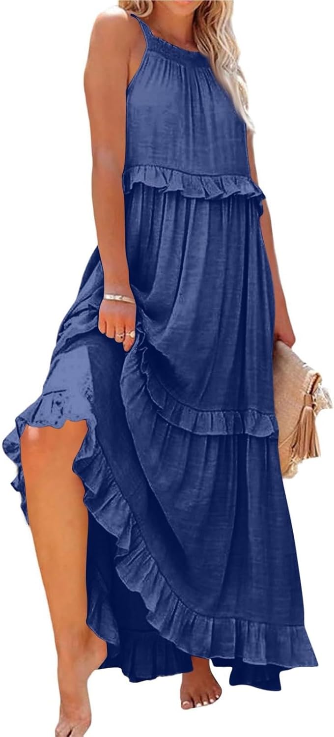 Boho Dresses for Women,2025 Summer Flowy Ruffle Tiered Swing Smocked Beach Sundress,Sleeveless Halter Maxi Dress