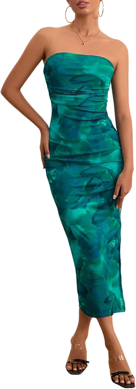 Milumia Women's Printed Strapless Tube Top Long Dress Slit Hem Sleeveless Bodycon Maxi Dresses