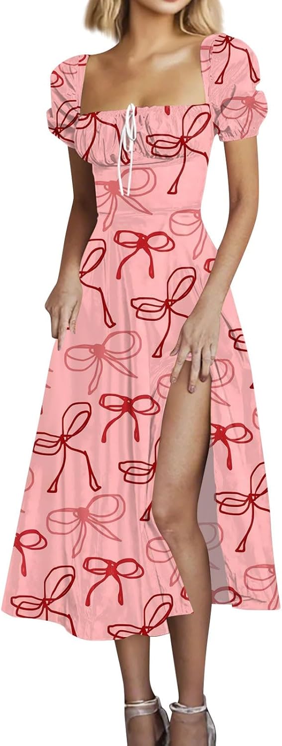 Women's Sundresses 2025 Summer Casual Loose Trendy Bubble Sleeve Square Neck Split Bow Floral Print Dress Plus Size, XS-3XL