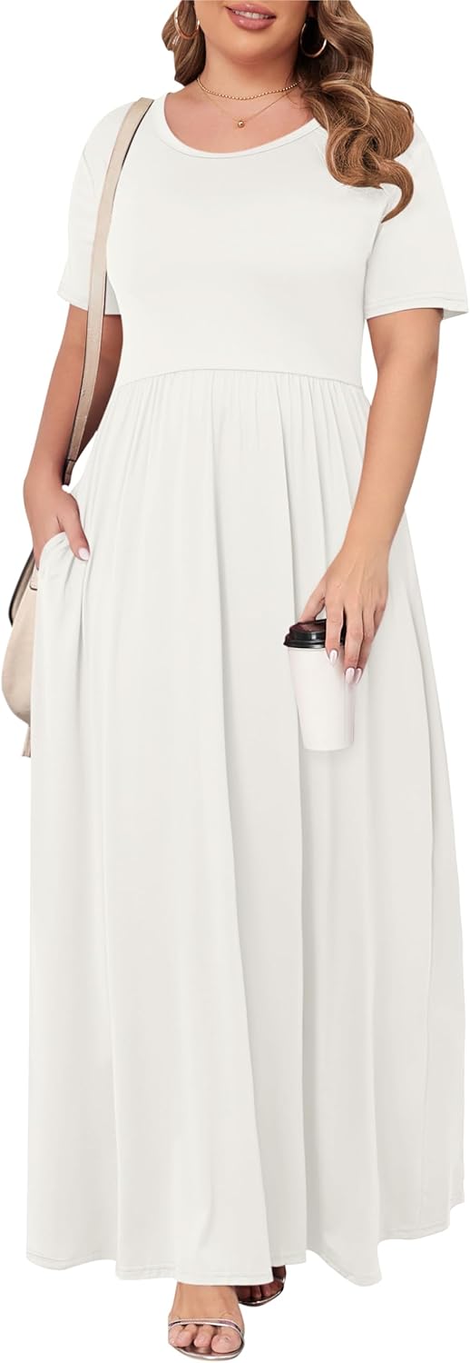 KARALIN Women’s Plus Size Maxi Dresses for Curvy Women Summer Casual Short Sleeve 2025 Long Dress 14W-26W