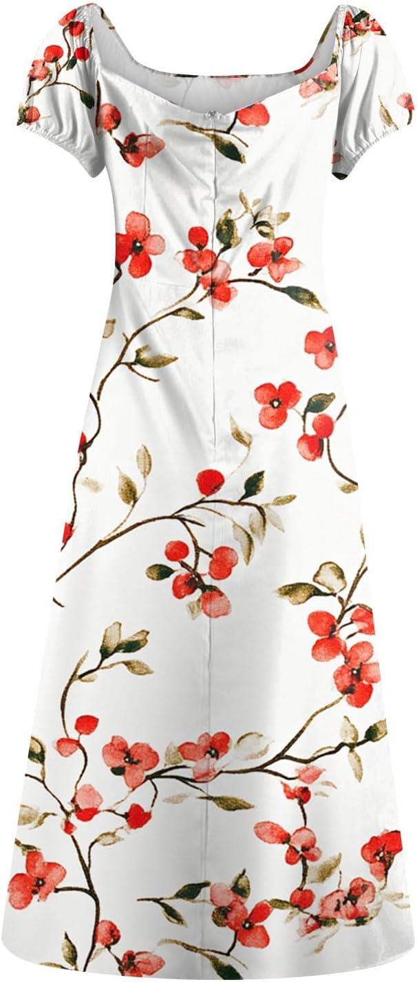 Women's Sundresses 2025 Summer Casual Loose Trendy Bubble Sleeve Square Neck Split Bow Floral Print Dress Plus Size, XS-3XL