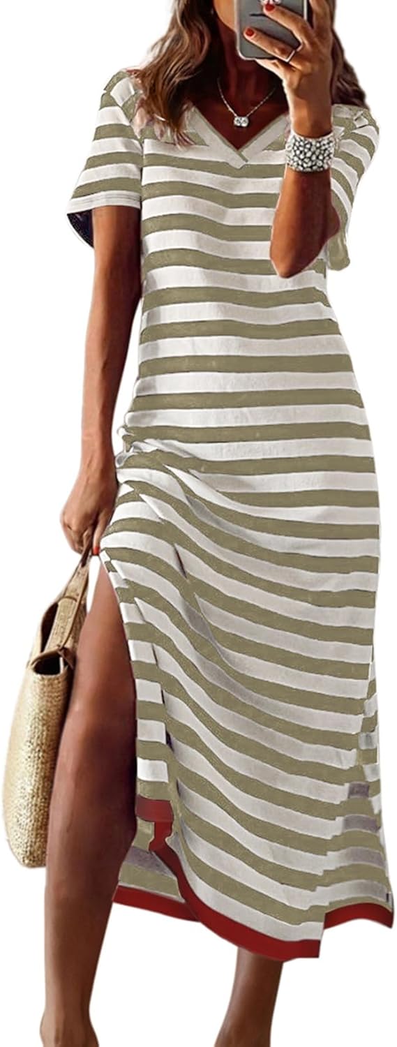 Dokotoo Summer Dress Casual Womens Fashion Short Sleeve Maxi Dress T Shirt Dress Striped Long Color Block Maxi Dress