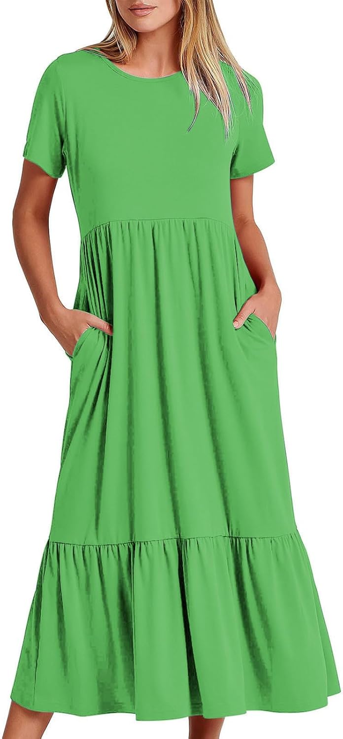 XUNRYAN Summer Dresses for Women 2024 Casual Calf Length Maxi Dress Pleated Flowy Tiered Swing Beach Sundress with Pockets