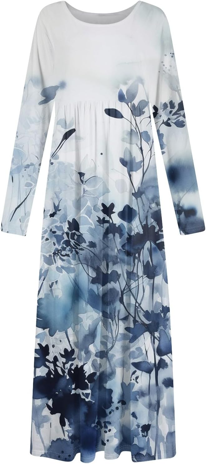 Long Sleeve Maxi Dress for Women Elegant Crew Neck Flowy Swing Dresses Solid Color Wedding Guest Dresses