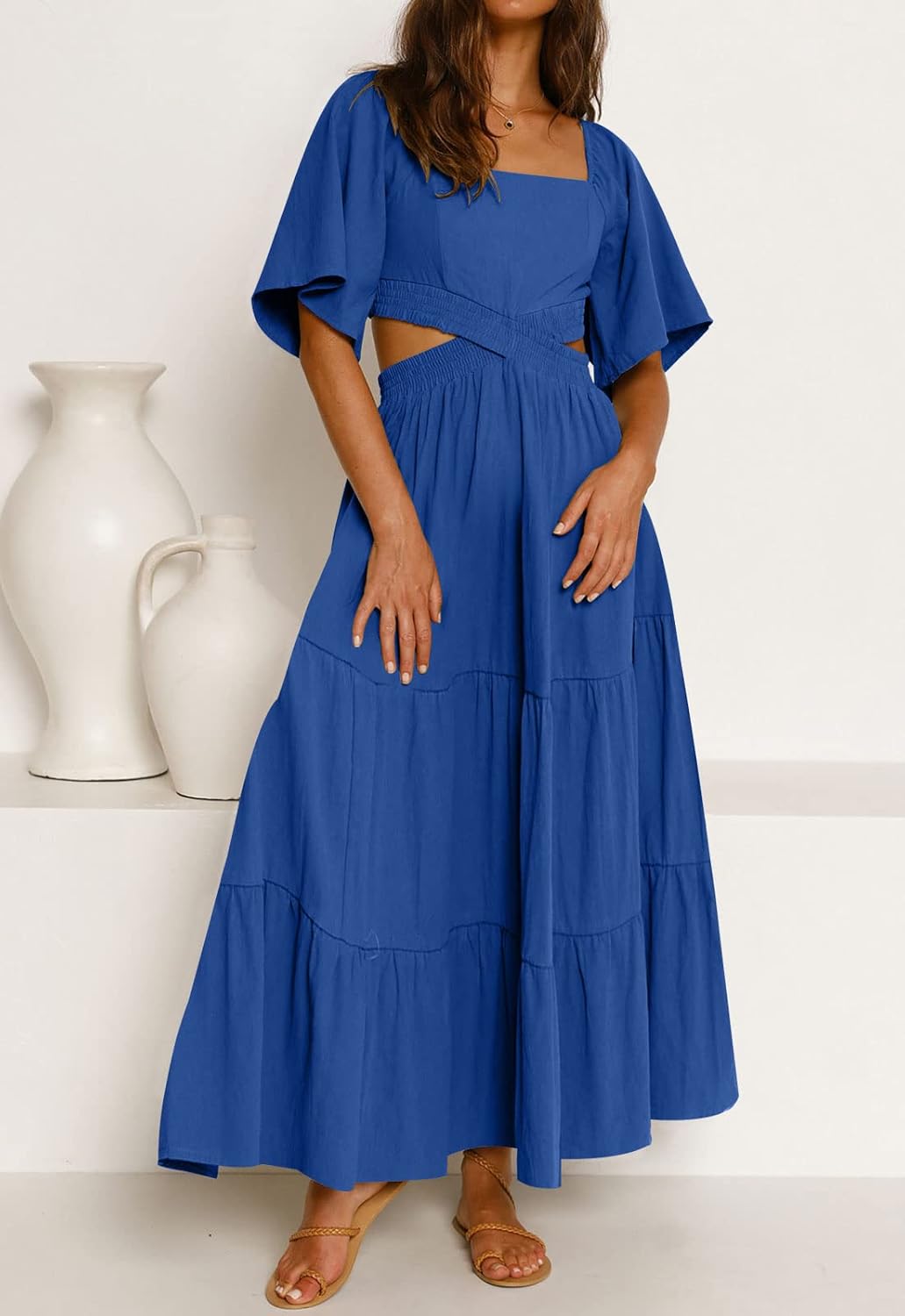 LEANI Women's 2025 Summer Cutout Maxi Dress Square Neck Short Sleeve Crossover Waist Casual Party Dresses