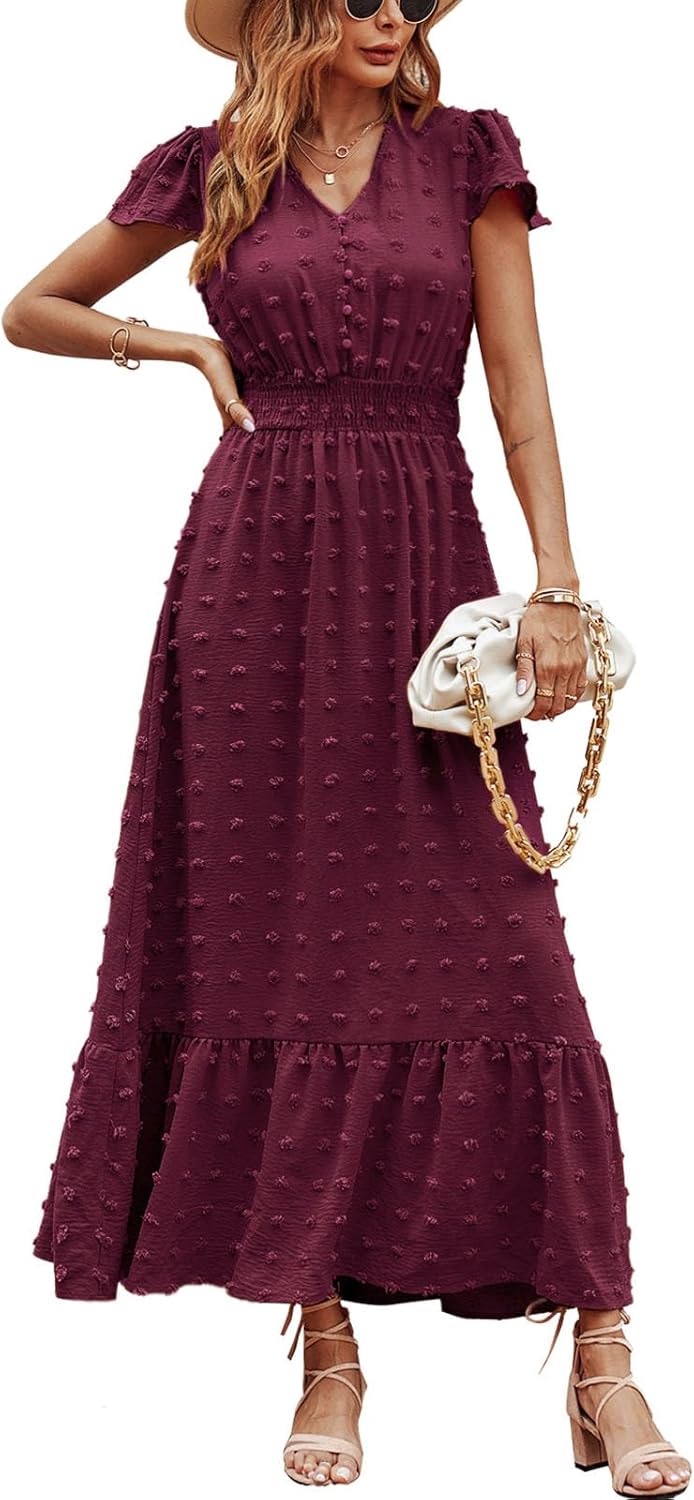 PRETTYGARDEN Womens Dresses 2025 Summer Maxi Dress Boho Short Sleeve V Neck Swiss Dot Ruffle Tiered Smocked Flowy Long Dress