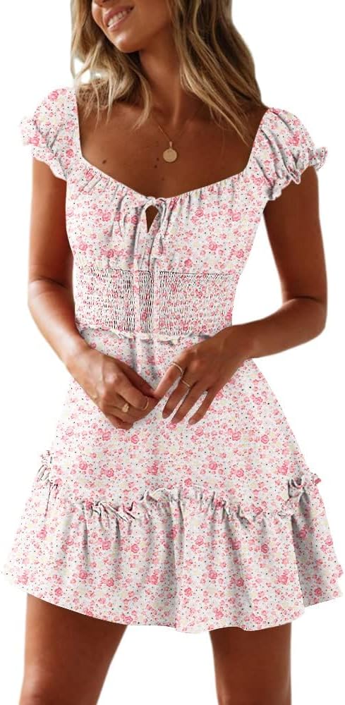 YOBECHO Women's Summer Ruffle Sleeve Sweetheart Neckline Printing Dress Mini Dress